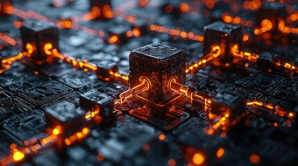 Poster - A futuristic circuit board with glowing connections and cubes, representing advanced technology.