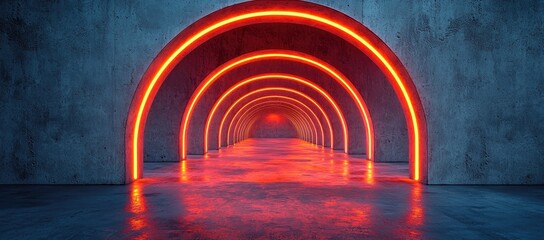 Poster - A futuristic corridor illuminated by glowing red arches, creating a surreal atmosphere.