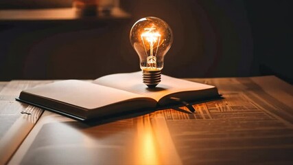Poster - Glowing Light Bulb Illuminates Open Book, Creating Warm Atmosphere for Reading, Inspiring Creativity and Knowledge in Dark.