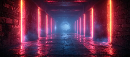 Poster - A futuristic corridor illuminated by neon lights, creating a mysterious atmosphere.