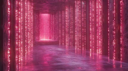 Poster - A futuristic corridor illuminated by pink lights, creating a surreal atmosphere.