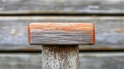 Wall Mural - Close-up of a weathered wooden post with a rounded top, showcasing natural textures.