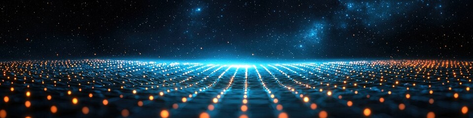 Poster - A futuristic landscape with glowing points against a cosmic background.