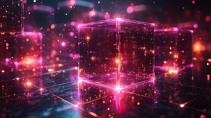 Poster - A futuristic scene with glowing cubes and sparkles, emphasizing a digital aesthetic.