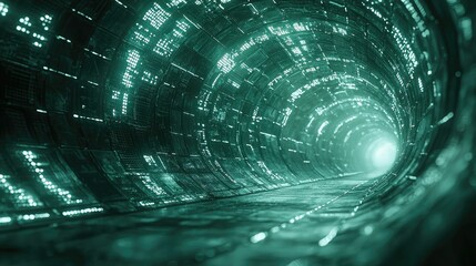 Poster - A futuristic tunnel with glowing patterns leading to a bright light.