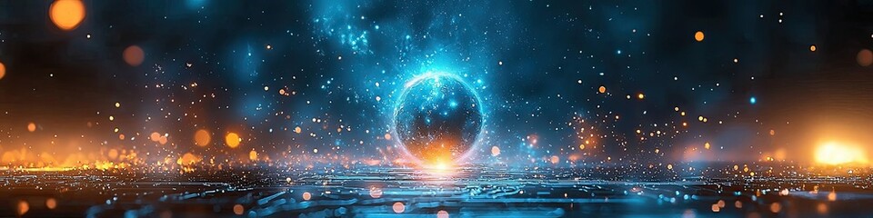 Poster - A glowing blue sphere surrounded by a cosmic landscape with shimmering particles.