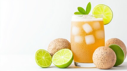 Wall Mural - A refreshing drink with lime and ice, surrounded by fresh fruit.