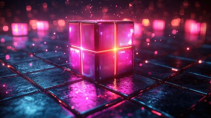 Poster - A glowing cube surrounded by vibrant lights on a reflective surface, creating a futuristic ambiance.