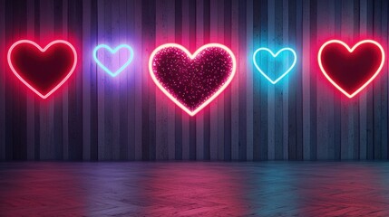 Poster - Colorful neon hearts in varying sizes glow against a dark background, creating a vibrant, festive atmosphere.