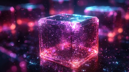 Poster - A glowing, futuristic cube surrounded by vibrant particles and digital elements.