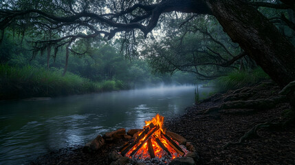 Wall Mural - Campfire near a calm river in a dense forest, the surrounding trees branches intertwined to create a natural canopy, with a hint of mist rising from the water