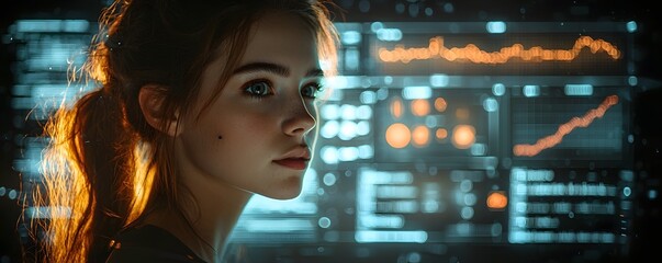 Poster - focused business manager analyzing market trends on futuristic tech dashboard