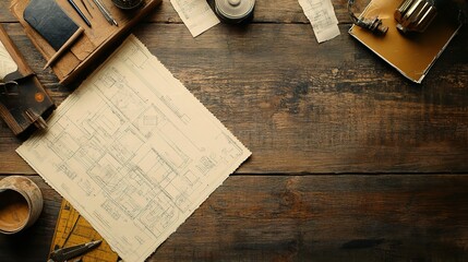 Poster - detailed engineering blueprints on a wooden workspace table