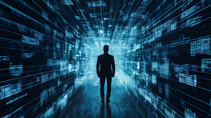 Fototapete - Silhouette in a digital landscape of data streams.