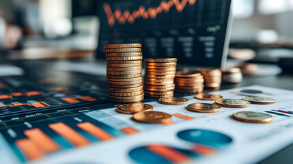 Poster - Stacked coins on financial reports and graphs.