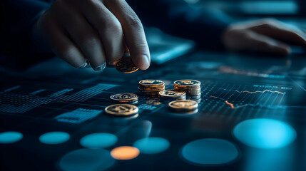 Poster - Hand placing coins on a financial graph display.