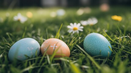 Colorful Easter eggs are nestled in lush green grass, surrounded by cheerful daisies under a clear blue sky during springtime