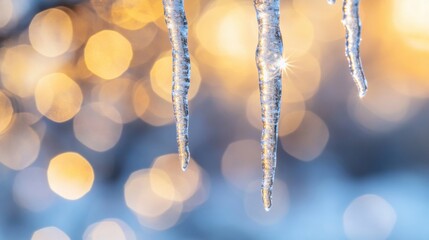 Wall Mural - Icicles hang gracefully from eaves, reflecting soft, warm light against a backdrop of winter hues, creating a serene and magical atmosphere