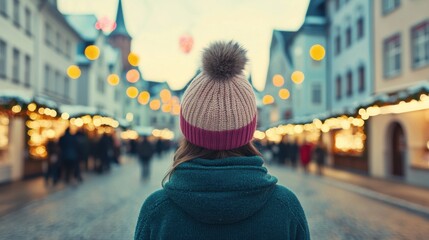 Sticker - A woman in a cozy winter hat enjoys the festive atmosphere of a Christmas market, surrounded by twinkling lights and holiday decorations