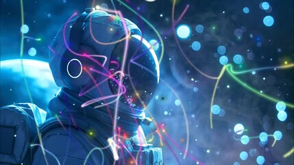 Wall Mural - Astronaut with Neon Lights Floating in Space. Seamless looping video background
