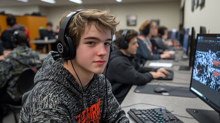 Teenager wearing headphones in a computer lab.