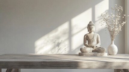 Empty wooden table, with Buddha statue in minimalist Scandinavian style