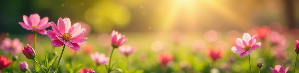 Wall Mural - Delicate bellis flowers in a spring setting, sunlit soft focus , yellow, springtime, natural