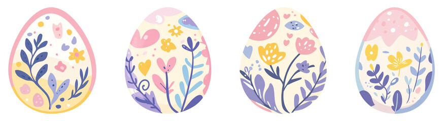 Wall Mural - PNG Colorful floral Easter eggs design, element set on transparent background