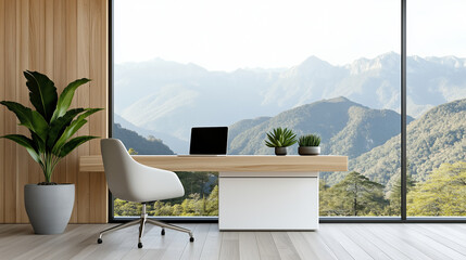 Wall Mural - Modern office with mountain view, plants, and minimalist design