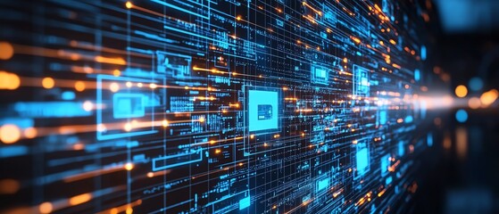 Poster - Abstract blue background with dynamic internet data flow, featuring digital lifestyle screens and intricate polygonal lines, creating a visually captivating blogging concept