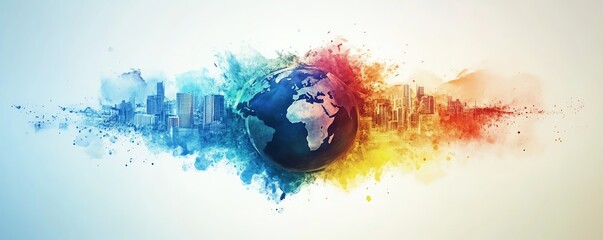 Poster - Abstract background featuring a dynamic globe, modern city infrastructure, and global business concepts, creating a striking design for techfocused websites