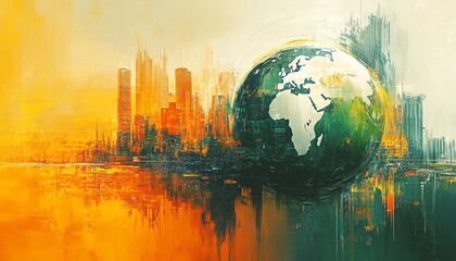 Abstract background showcasing a dynamic globe, global business, and modern city infrastructure, perfect for website headers and technologyrelated content