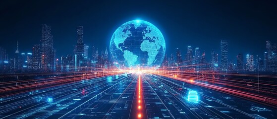 Poster - Dynamic abstract technology background with a globe and modern city infrastructure, symbolizing global business, ideal for technology websites and headers