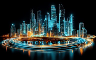 Poster - Futuristic abstract technology design with a dynamic globe and modern city infrastructure, representing global business in a visually captivating style for websites