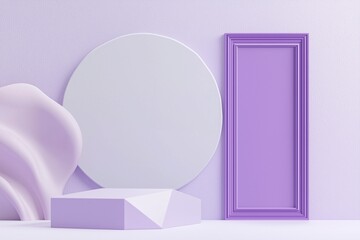 Wall Mural - Sleek purple door frame and geometric podium in a violet scene.