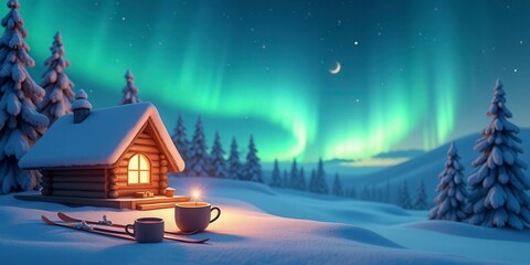 Wall Mural - cozy cabin, aurora borealis, winter wonderland