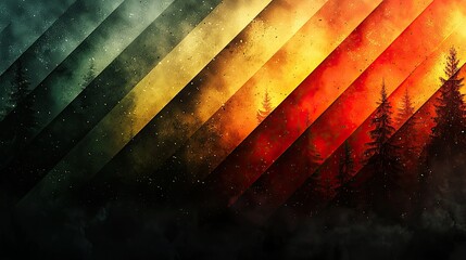 Poster - A vibrant abstract landscape with diagonal colors and silhouettes of trees.