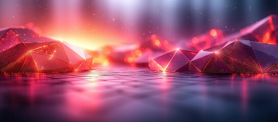 Poster - A vibrant abstract landscape with glowing geometric shapes reflecting light.