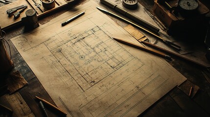 Poster - Detailed Construction Blueprint with Precise Measurements and Tools