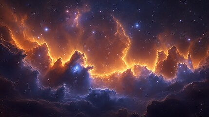 fiery orange nebula with blue stars.