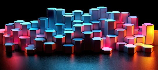Poster - A vibrant arrangement of hexagonal shapes illuminated with colorful lighting.