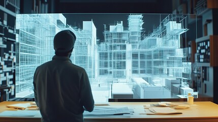 Poster - Architect Reviewing Building Plans with Digital Visualization Tools