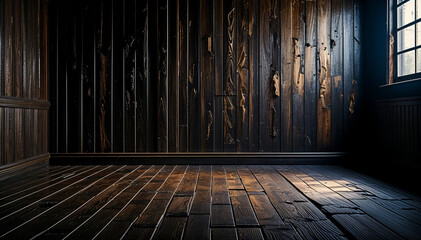 Wall Mural - Dark wood walls and floor create a rustic room.