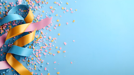 Poster - Colorful ribbons and confetti on a blue background create a festive atmosphere