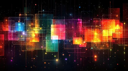 Poster - A vibrant digital abstract design with colorful geometric shapes and glowing elements.