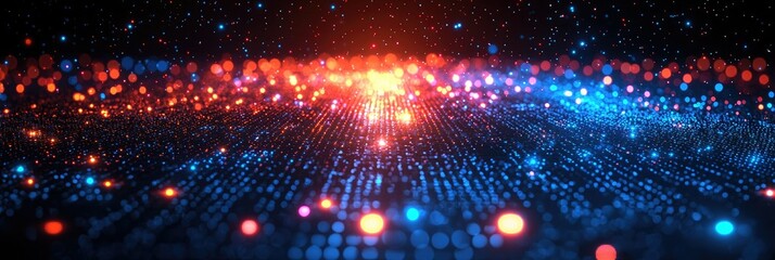Poster - A vibrant digital landscape with colorful particles and light effects, suggesting technology.
