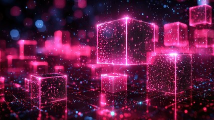 Poster - A vibrant digital landscape featuring glowing cubes and sparkling particles.