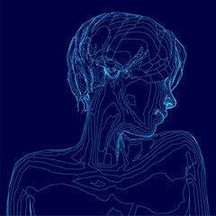 Poster - Woman's head is shown in a blue color. The image is a computer-generated drawing of a woman's head. The woman's hair is styled in a bun, and her face is shown with a serious expression