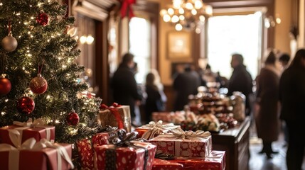 Wall Mural - Indoor holiday party with a decorated tree, wrapped gifts, and people mingling