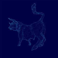 Poster - Blue image of a bull with a blue horn. The bull is running and has a tail